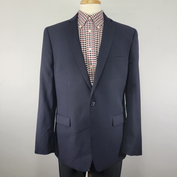 Bar III Men's Sport Coat Blazer Two Button Navy Blue Slim Fit Wool Polyester 46R